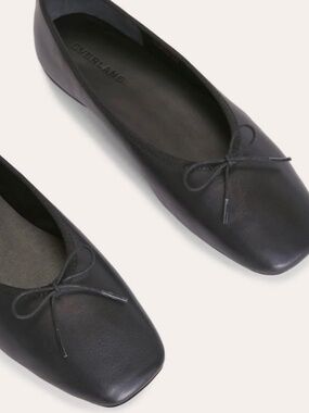 Everlane New Ballet Flat Black Leather Bow Square Toe Size 7.5 / 38 EU